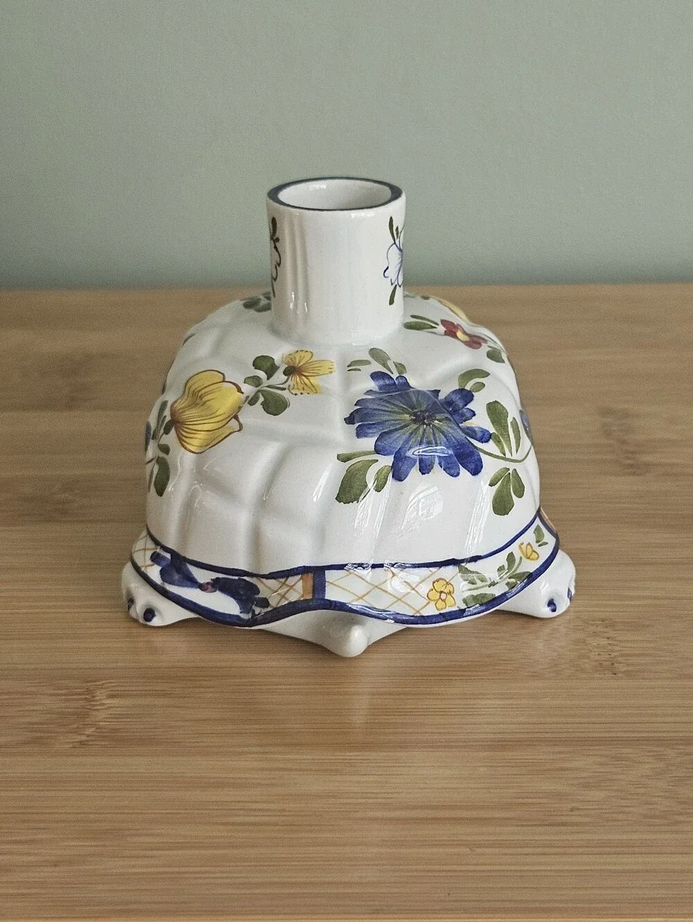 Made in Italy Hand Painted Ceramic Turtle Candle Holder Floral Glossy Finish VTG